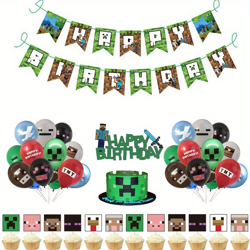 Minecraft Temático Feliz Cumpleaños Fiesta Globo Set Decoraciones  Suministros Banner Pull Flag Cake Toppers Kits