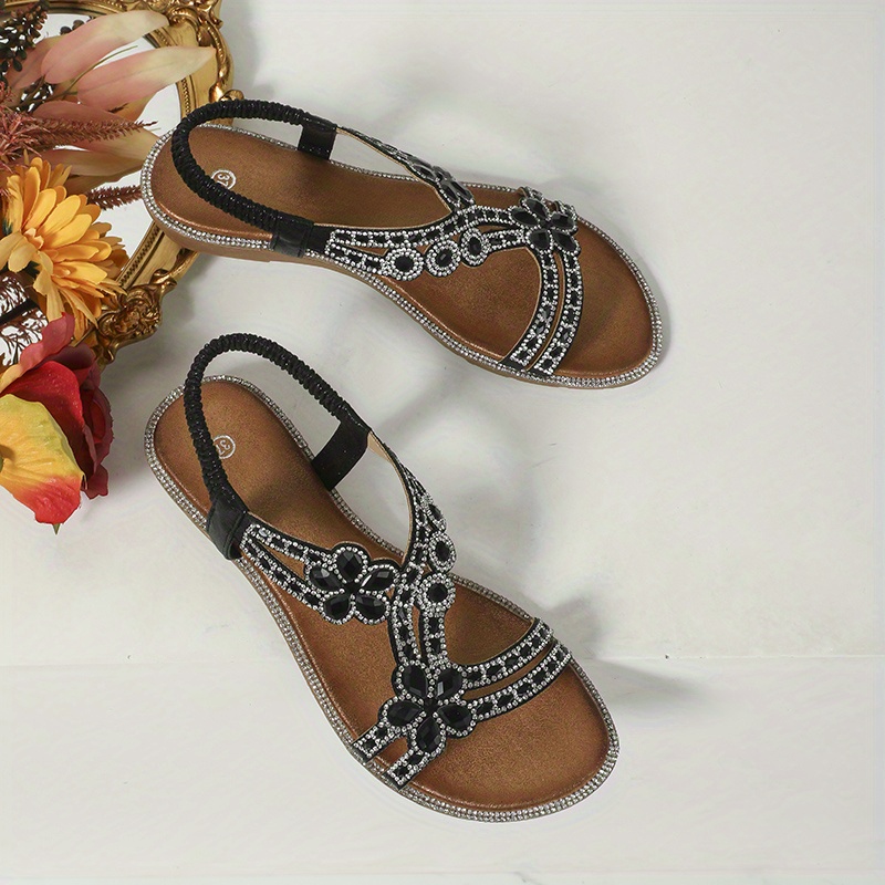 Women's Floral Rhinestone Flat Sandals Boho Style Open Toe - Temu