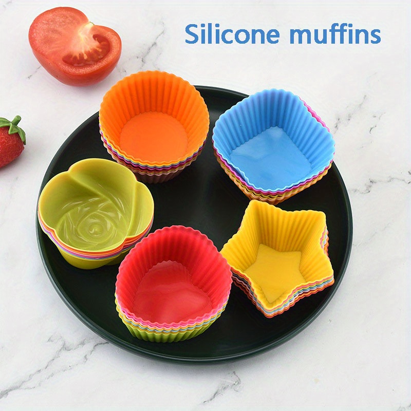 Silicone Cupcake Moulds, Multicolour Shape ( Round, Rose, Star, Heart) Pack  of 8