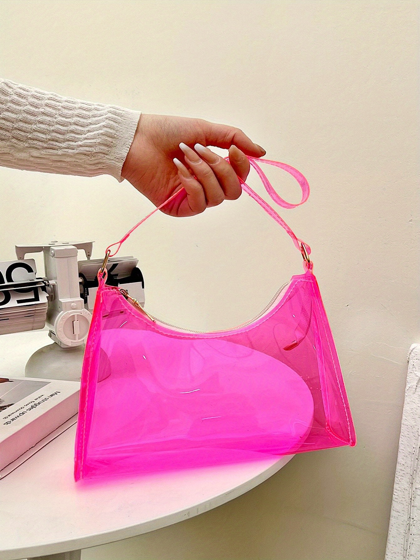 Small Shoulder Tote Bag Clear PVC Neon Pink pink