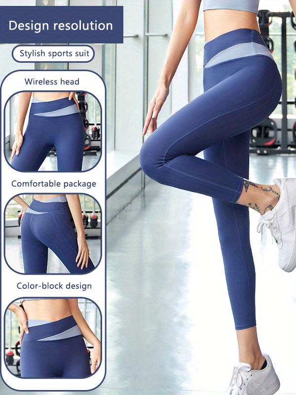 2 Pieces Contrast Color Patchwork Yoga Set, Wide Strap Sports Bra & Overlap  Leggings, Women's Activewear
