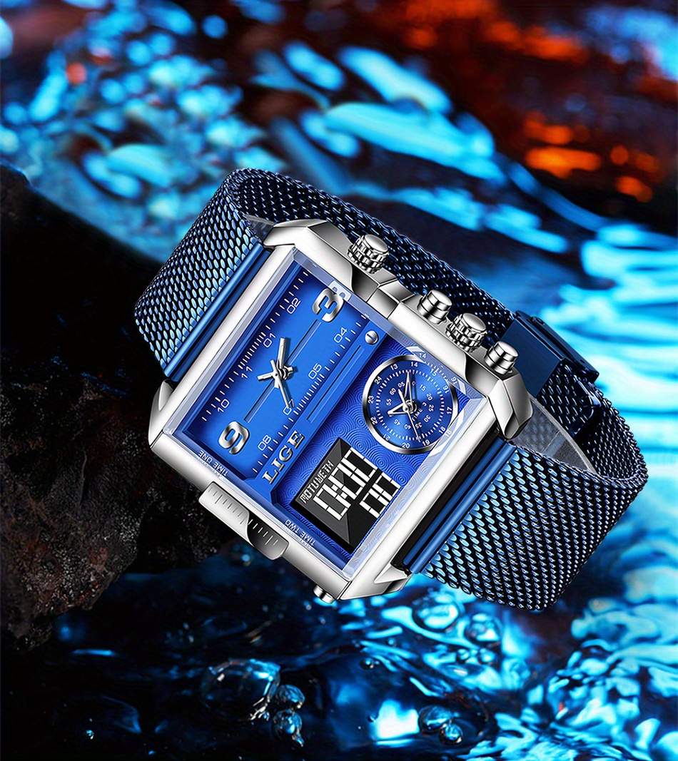 LIGE Watches for Women Men Stopwatch Waterproof Digital Analog Watches  Outdoor Sports Electronic Black Watch 