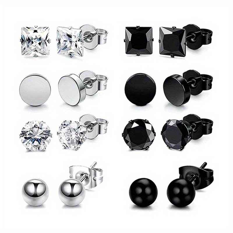 Image of 8 Pairs 6mm Simple Basic Stainless Steel Stud Earrings, Synthetic Cubic Zirconia, Hypoallergenic, Small, With Steel Needle, For Women, Men, Girls, Tragus, Cartilage