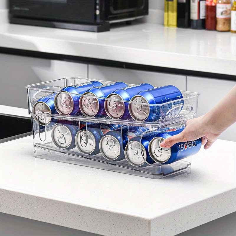 Refrigerator Organizer Double Layer Automatic Rolling Beverage Storage Rack  With Lid Beer Soda Can Organizer Kitchen Suply