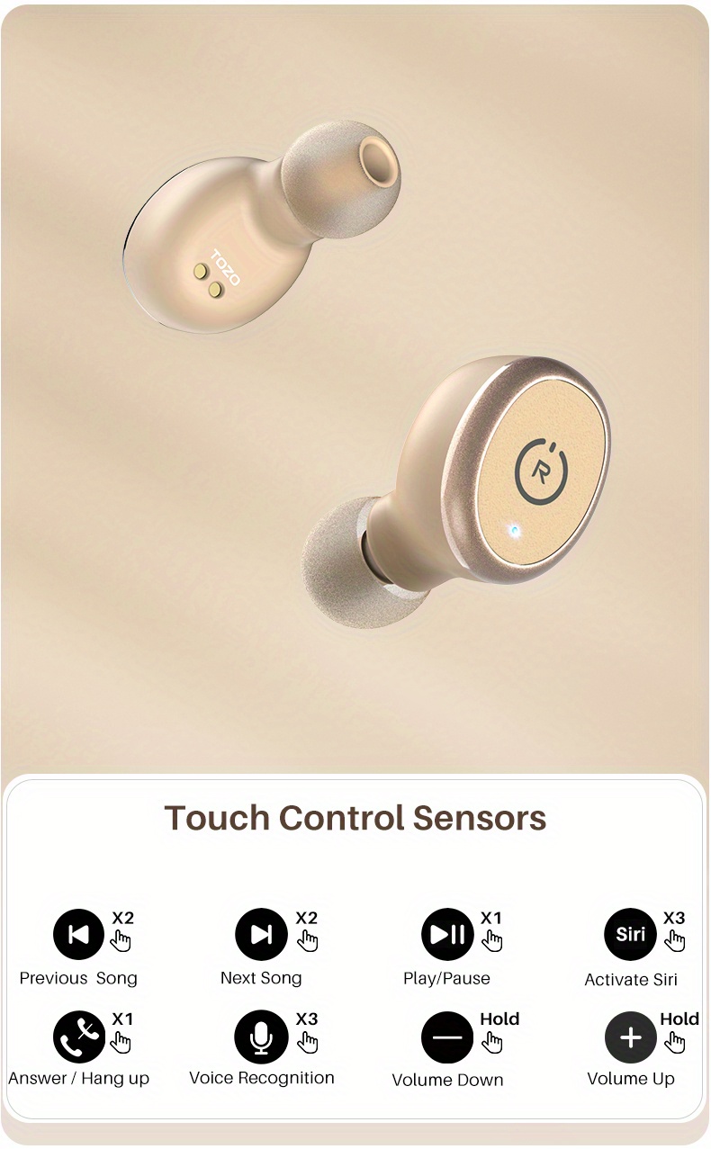 TOZO Wireless 5.3 Fones de ouvido sem fio com estojo de carregamento sem fio Fones de ouvido estéreo no ouvido Fone de ouvido com microfone integrado Som premium com graves profundos para esportes,_voghion.com