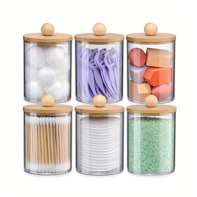 Image of 6 Pack Qtip Holder Dispenser Set With Bamboo Lids, Bathroom Canister Accessories, Storage Organizer, Clear Plastic Apothecary Jar For Cotton Ball, Swab, Pads, Floss, Vanity Makeup Organization - 10oz