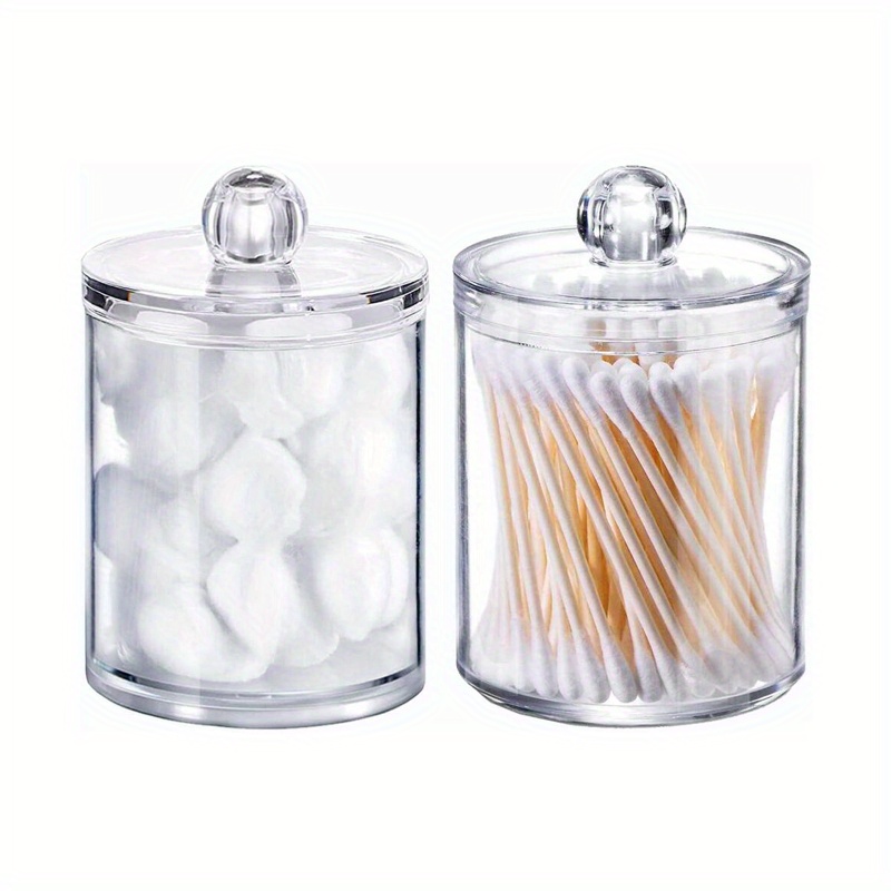 Image of 2 Pack Qtip Holder Storage Canister For Ball, Swab, Round Pads, Floss; 10-ounce Clear Plastic Apothecary Jar With Lid, Bathroom Canister Storage Organization, Makeup Organizer, Canisters