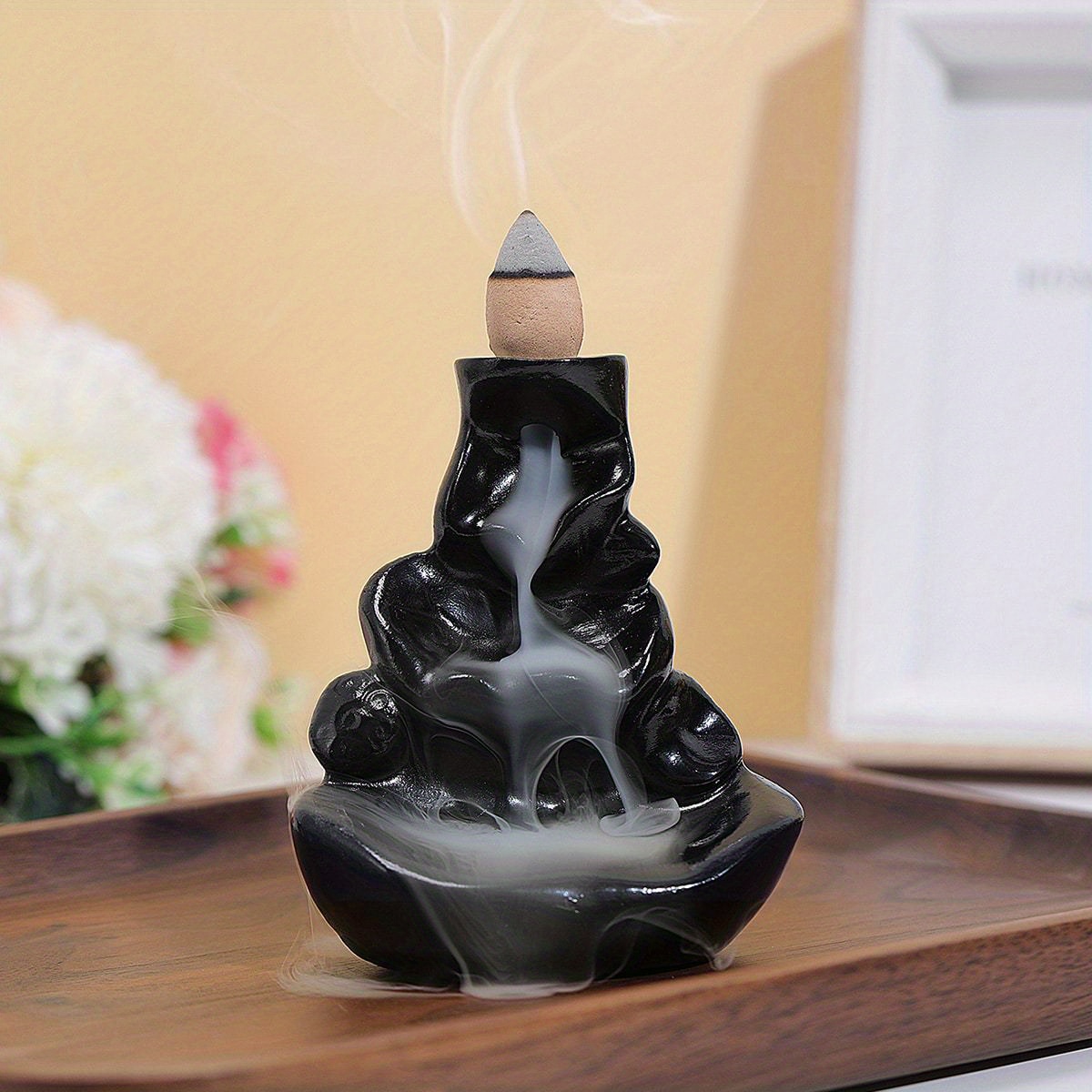 Image of Elegant Black Resin Backflow Waterfall Incense Holder With Wooden Sticks - , Ideal For Halloween Home Decor And Floor Installation, Incense Holder