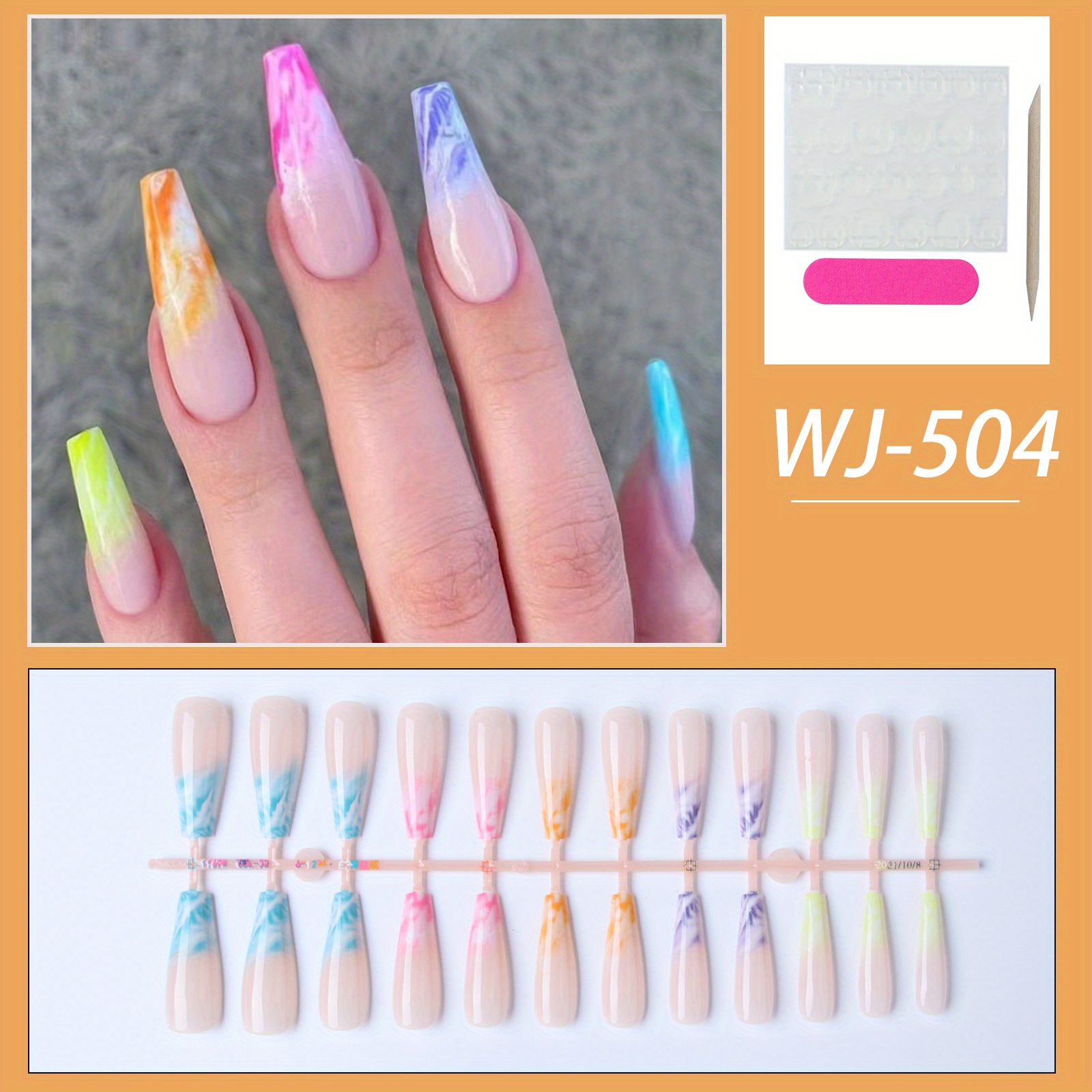 24pcs Rainbow Smudged Color French Tip Press On Nails Long Ballerina Fake Nails Glossy Full 1105