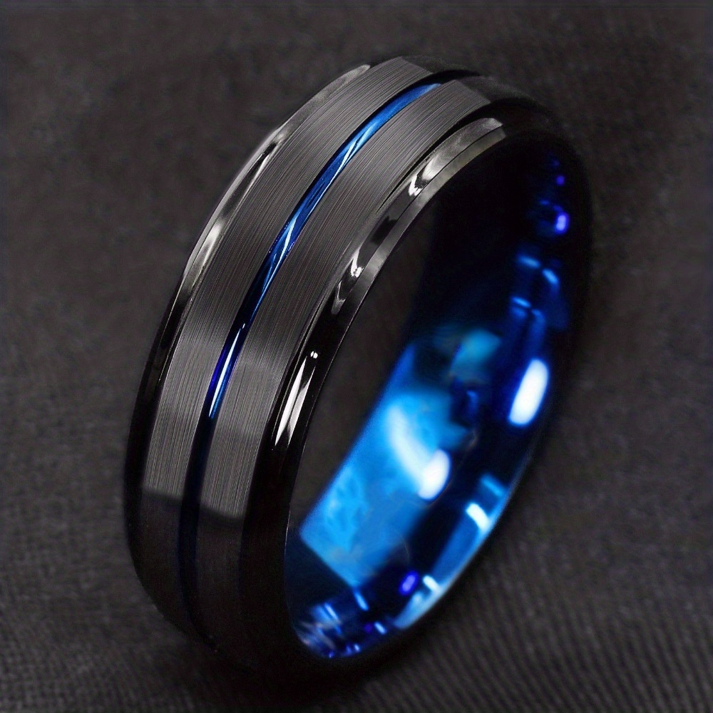 Men's Funky Thin Blue Groove Beveled Edge Stainless Steel Ring | Shop ...