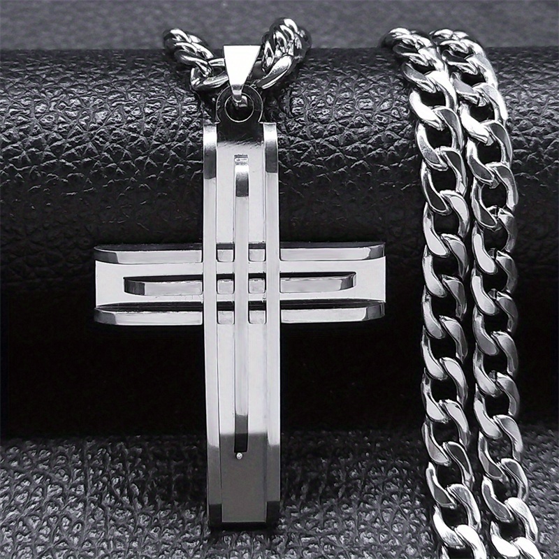 Image of Men' Steel Multilayer Punk Cross Pendant Necklace - Edgy Hip Hop Jewelry With Interconnected Chain Design, Durable Casual Attire Gift For Men Nxs05