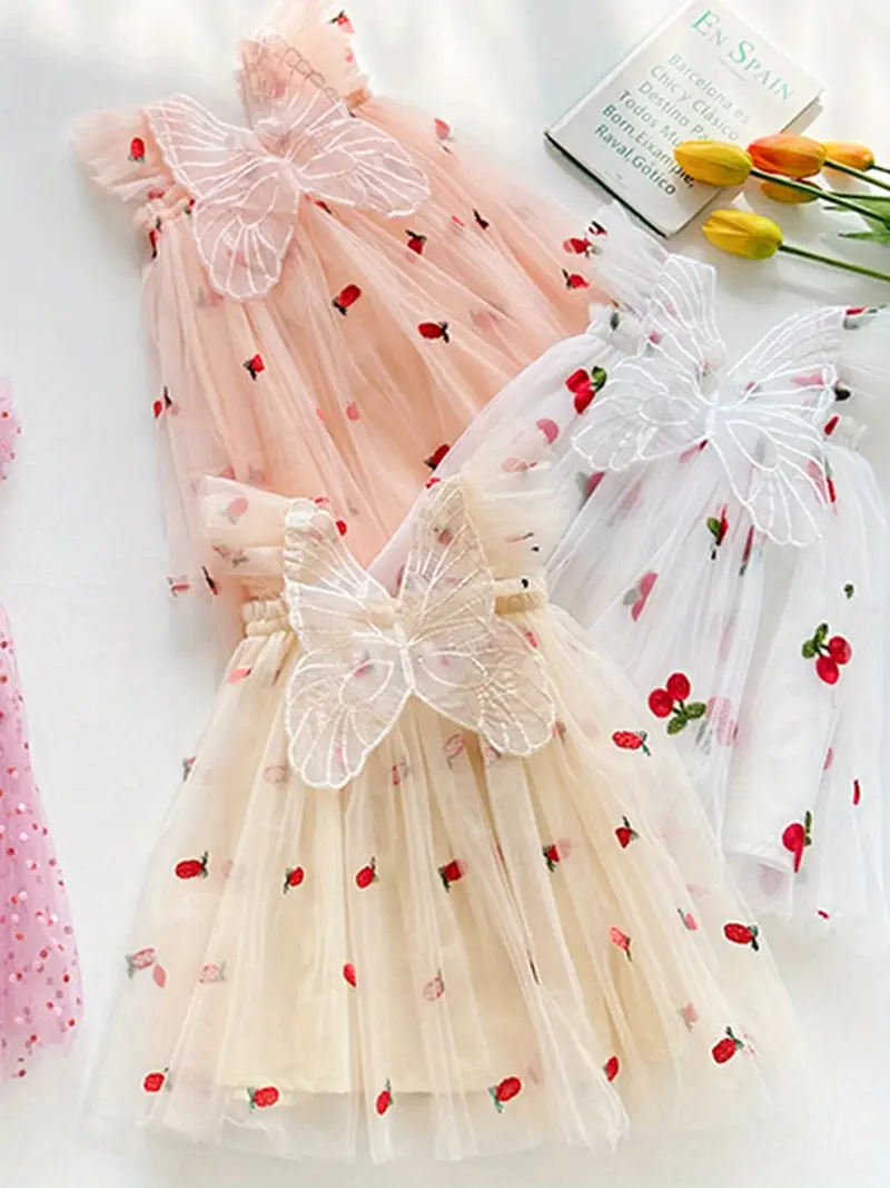 Toddler Girls Ruffle Trim Cherry Embroidered Butterfly Mesh Princess Dress Toddler Girls Ruffle Trim Cherry Embroidered Butterfly Mesh Princess Dress