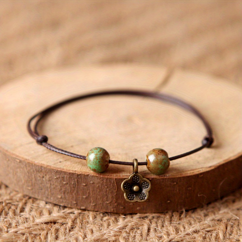 simple small flower shape pendant pu leather dainty bracelet vintage style party gift details 3