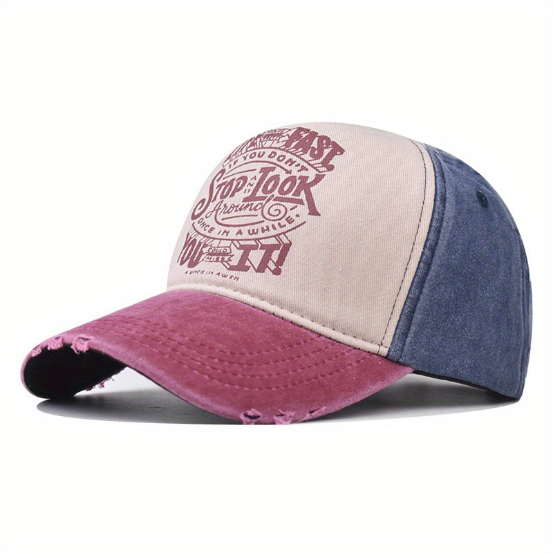 Washed Cotton Print Baseball Cap Casual Distressed Letter Peaked Cap