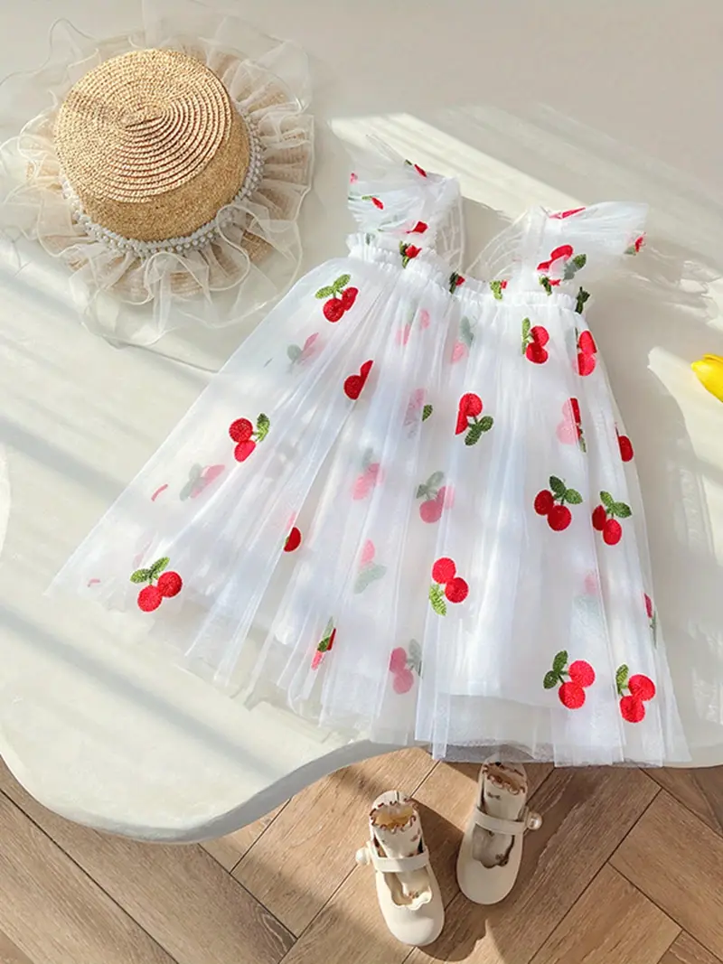 Toddler Girls Ruffle Trim Cherry Embroidered Butterfly Mesh Princess Dress Toddler Girls Ruffle Trim Cherry Embroidered Butterfly Mesh Princess Dress