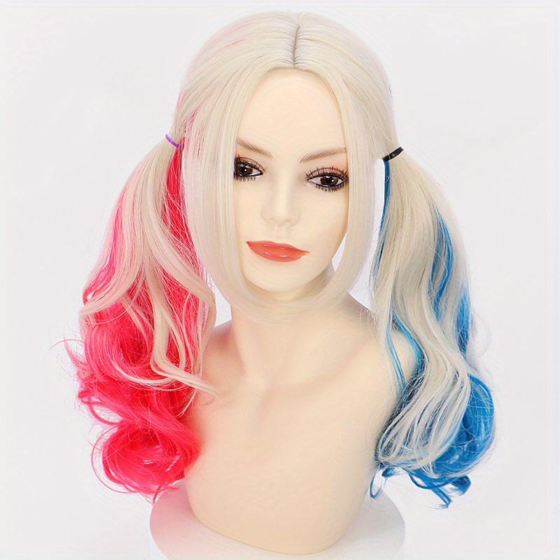 TEMU Rubio Rojo Azul Largo Rizado Ondulado Pelucas Cabello Sintético Reemplazo Pelucas Para Mujeres Niñas Para Cosplay, Halloween, Disfraz Fiesta De