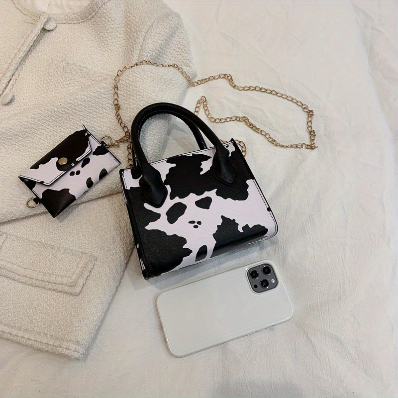 Cow Pattern Handbag Set, Mini Chain Crossbody Bag, Trendy Square Tote Bag  With Coin Purse (6.3*5.1*3.1*inch) - Temu