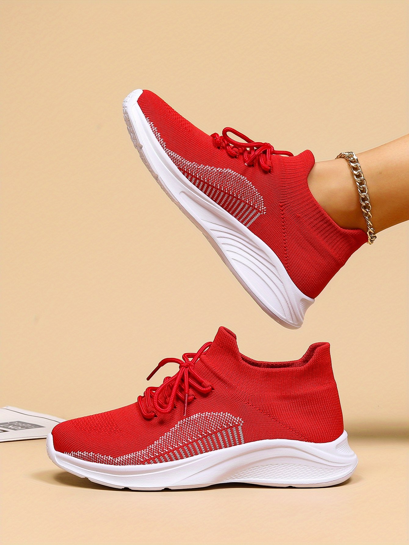 Women's Red Breathable Knit Sneakers, Lightweight Low Top Lace Up Shoes,  Women's Fashion Walking Shoes