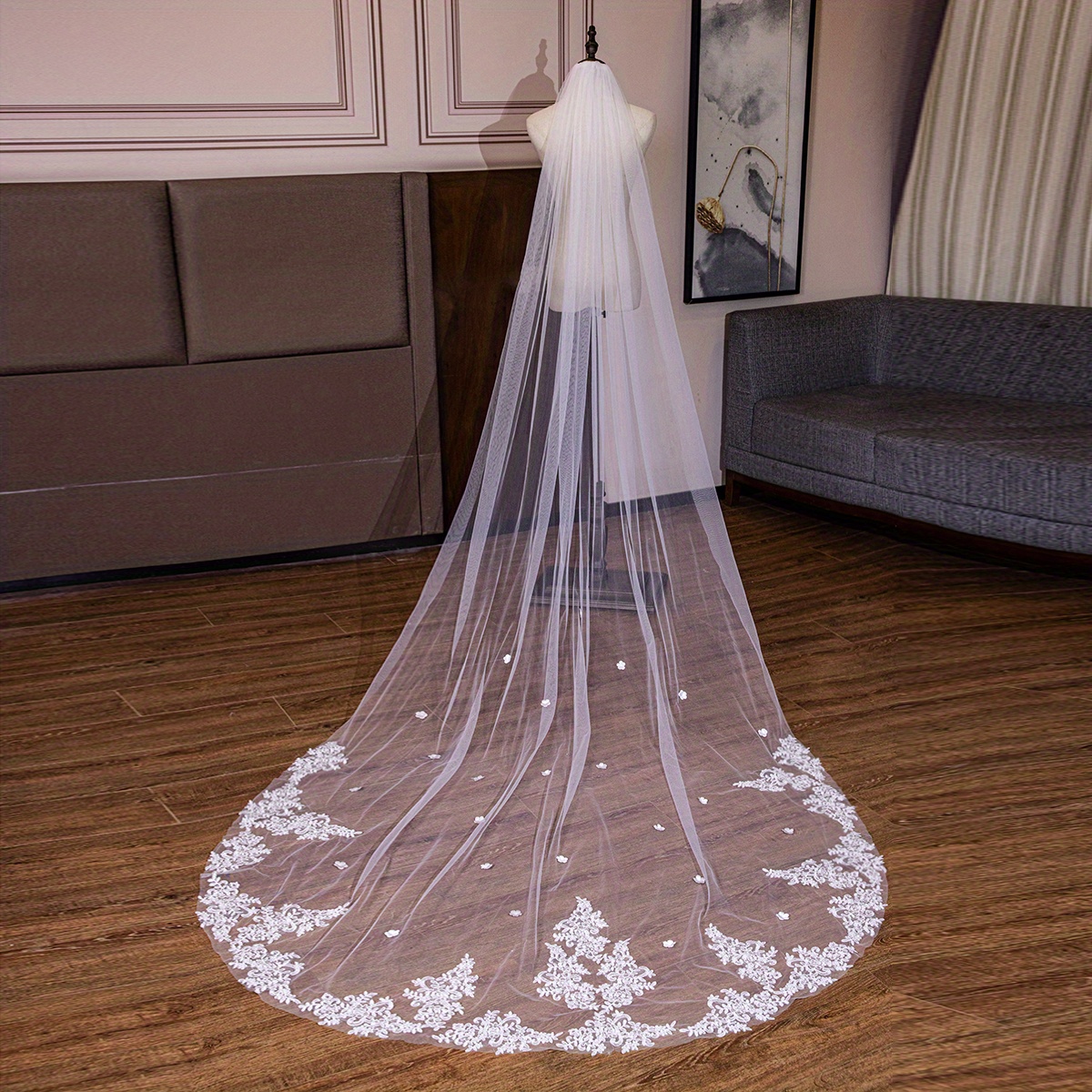 2 Tiers Bride Wedding Veil Ivory Ribbon Cathedral Veil Bridal Tulle Veil  for Wom