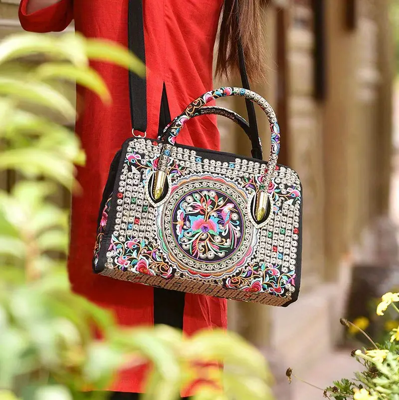 flower embroidered handbags ethnic style crossbody bag canvas satchel purse for women details 1