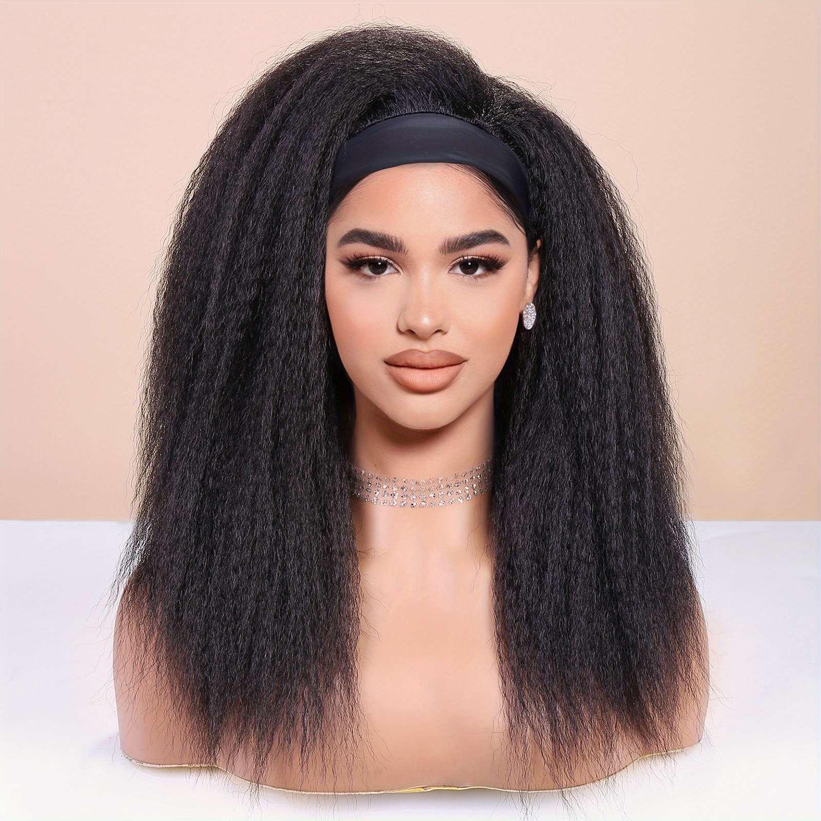 TEMU Women'-inch Kinky Straight Headband Wig With Black Headband, High Temperature Fiber, Straight Synthetic Hair, , Full Density, Wig Suitable For All