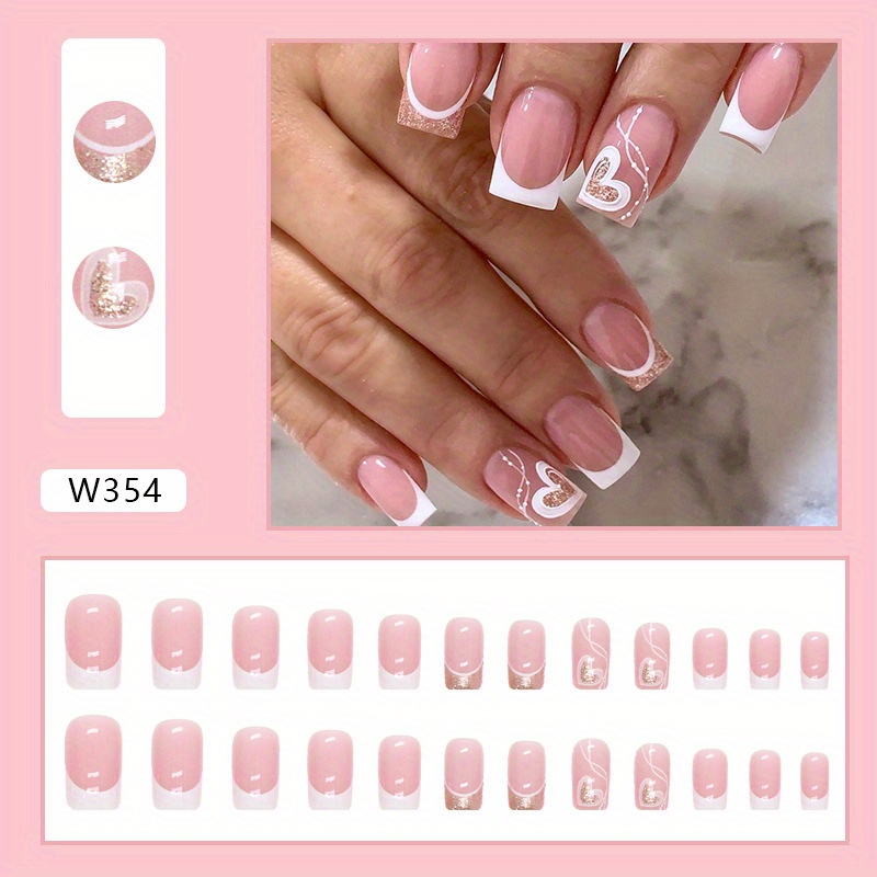 24 Piece Almond Shaped Pink Glitter French Tip Press Ons Fake Nails Glossy