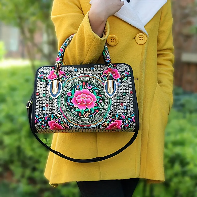 flower embroidered handbags ethnic style crossbody bag canvas satchel purse for women details 5