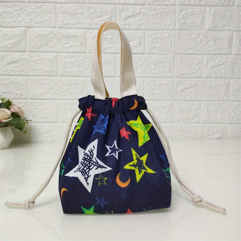 Mini Portable Drawstring Bucket Bag, Cartoon Canvas Handbag