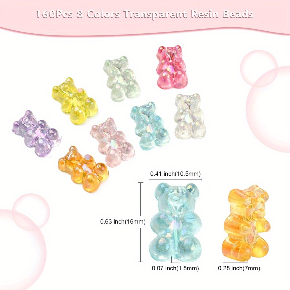 160Pcs Transparent Gummy Bear Beads Mixed Iridescent AB Candy Bear Charm  Beads Resin Animal Beads For Jewelry Making DIY Crafting