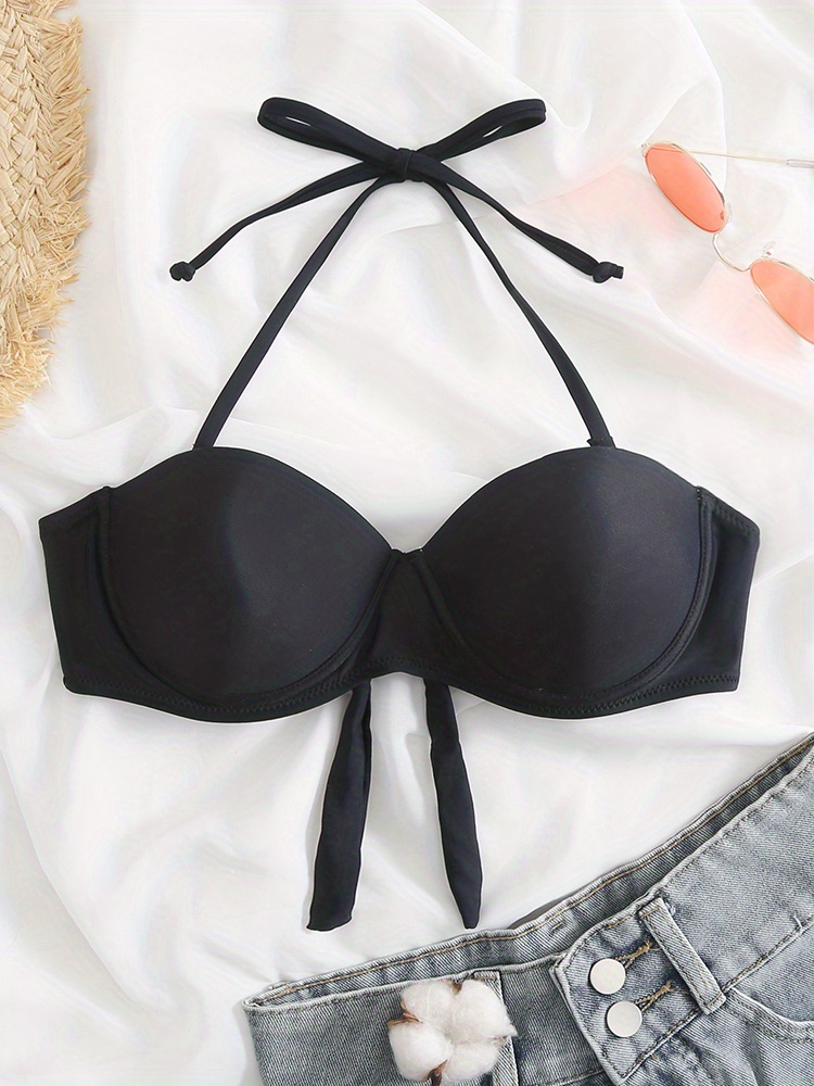 Tube Top Bikini Sets, Bandeau Underwire Push Up Halter Neck Bow Tie Back  Solid Color High Cut 2 Pieces Swimsuit, Women's Swimwear & Clothing