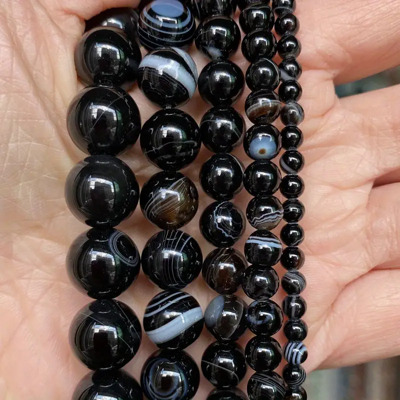 Black Striped Agate Stone Beads Semi Precious Gemstone Round - Temu