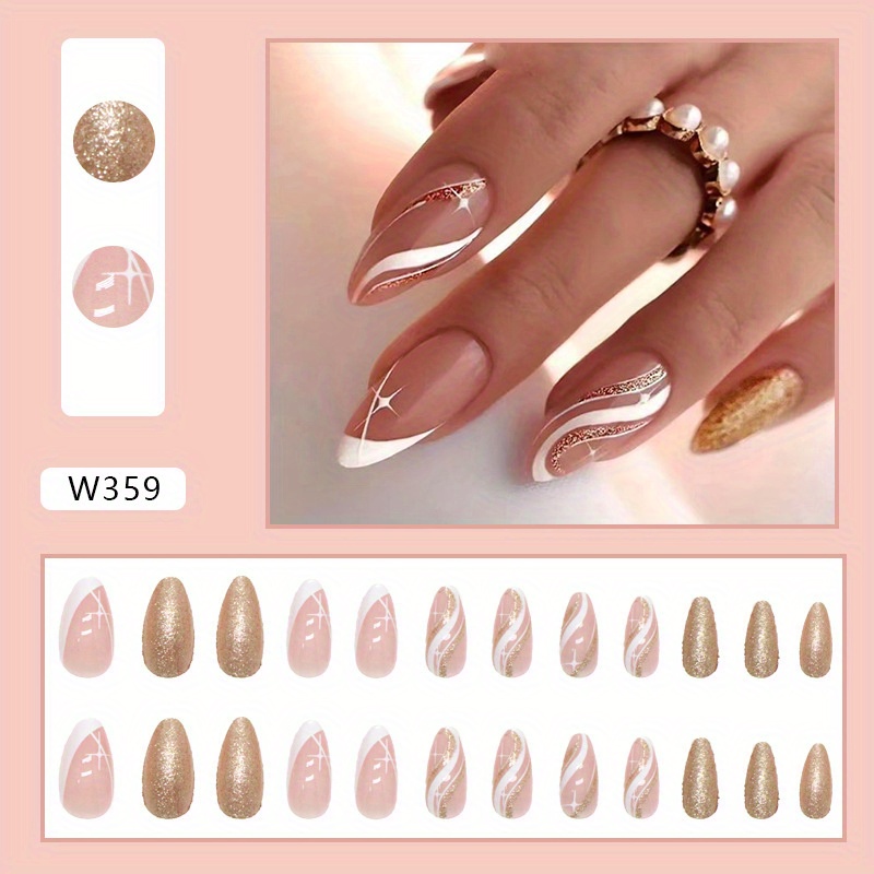 Shiny Gold French False Nail Short Almond Press on Nails for Nails Art  24pcs