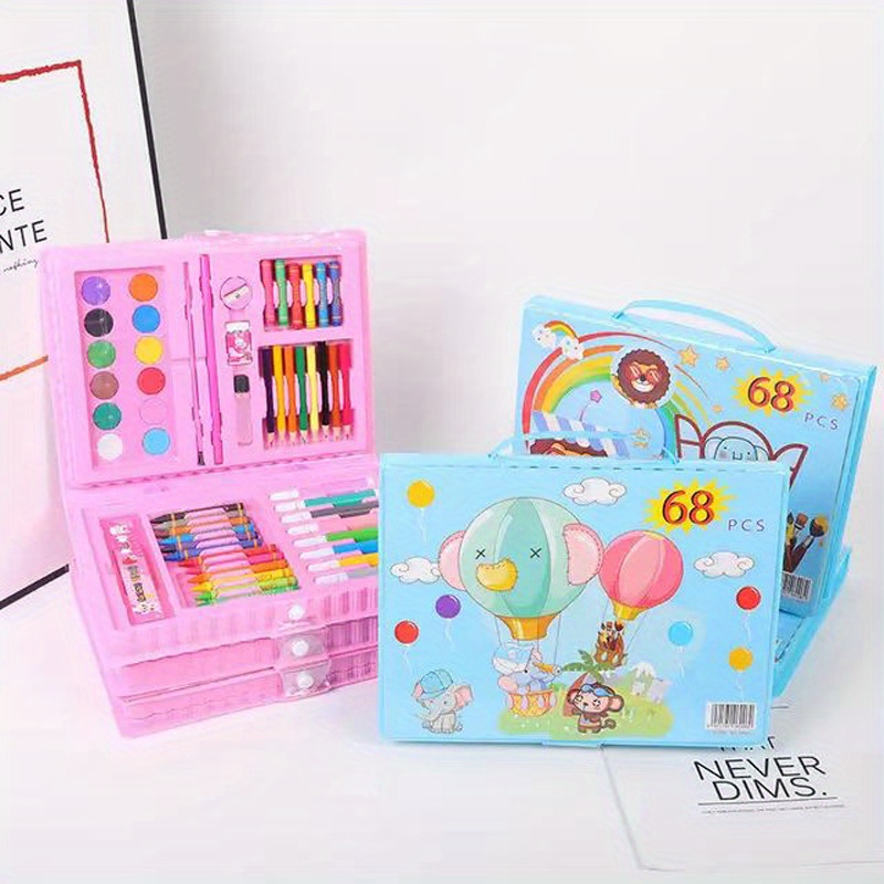 1box (68pcs) Pink Set Of Drawing Tools For Kids, Including Coloring,  Crayons, Watercolor Pens, Perfect As Gift