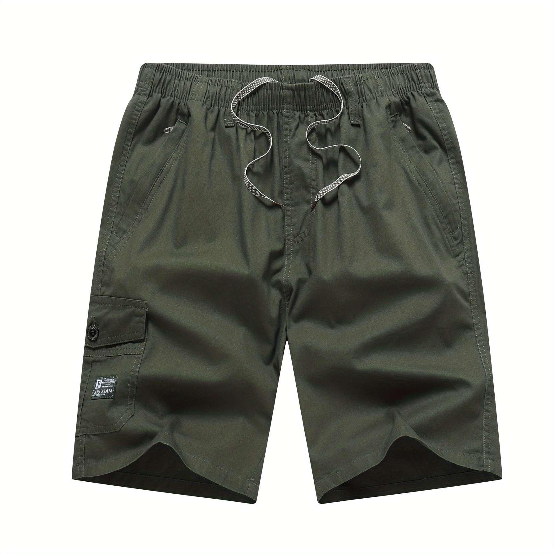 Multi Zipper Pocket Cotton Drawstring Cargo Shorts, Men's Casual Army ...