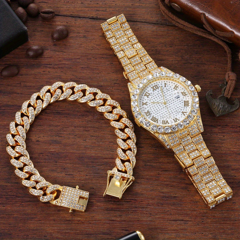 Fashionable Hip Hop Cuban Bracelet Mens Steel Band Faux Diamond Watch ...