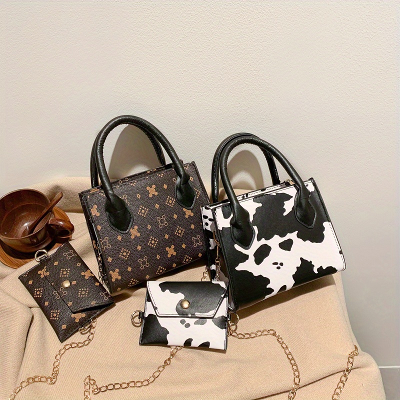 Cow Pattern Handbag Set, Mini Chain Crossbody Bag, Trendy Square