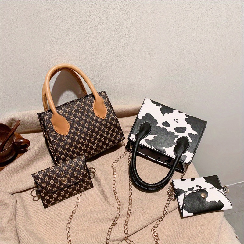 Cow Pattern Handbag Set, Mini Chain Crossbody Bag, Trendy Square