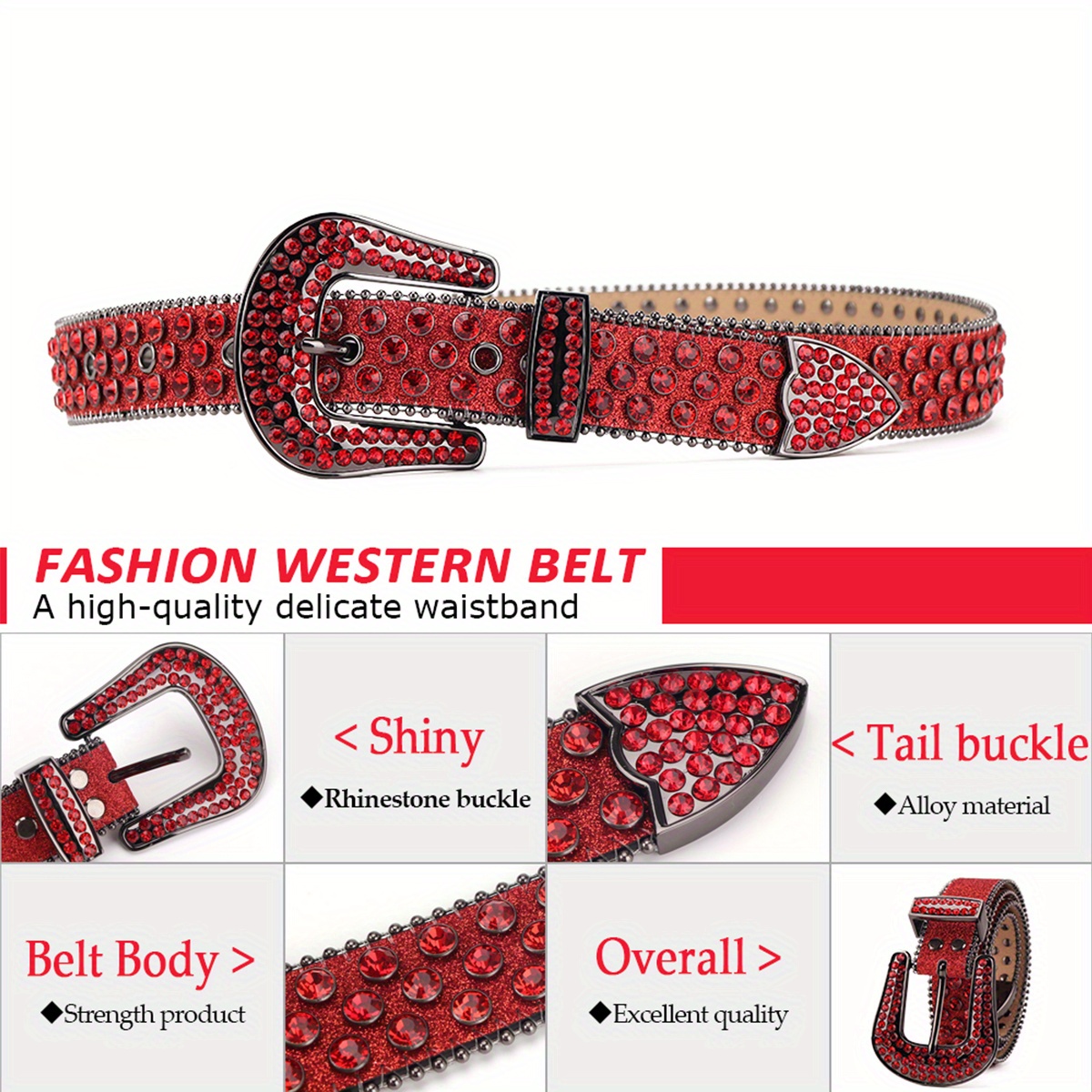 Men's Women's Fashion Sparkle Red Rhinestone Belt Strap Western