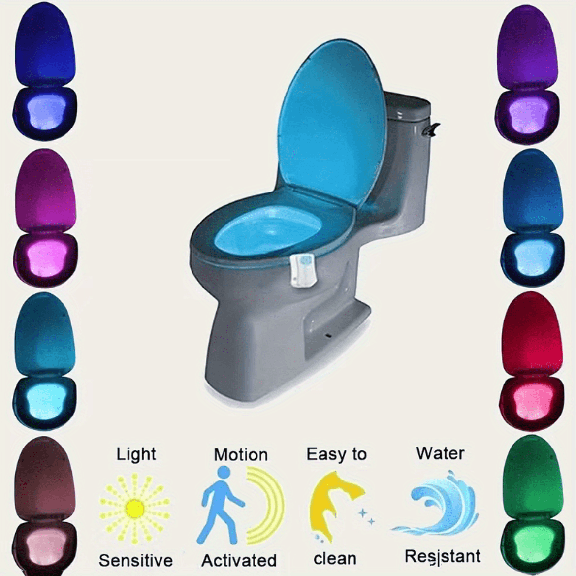 Sensor de movimiento de luz de inodoro, paquete de 2 luces LED de 8  colores, luz nocturna LED, sensor de movimiento para baño, baño, baño,  regalo
