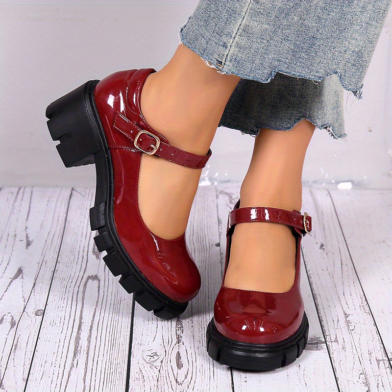 women s chunky heel shoes solid color round toe buckle strap details 0