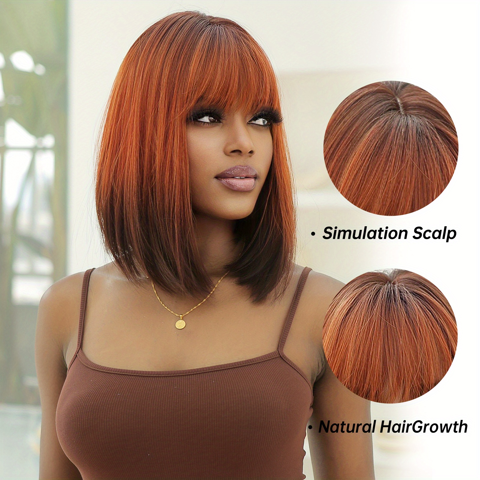 Long Straight Orange Gradient Brown Wigs Bangs Female Fiber Temu