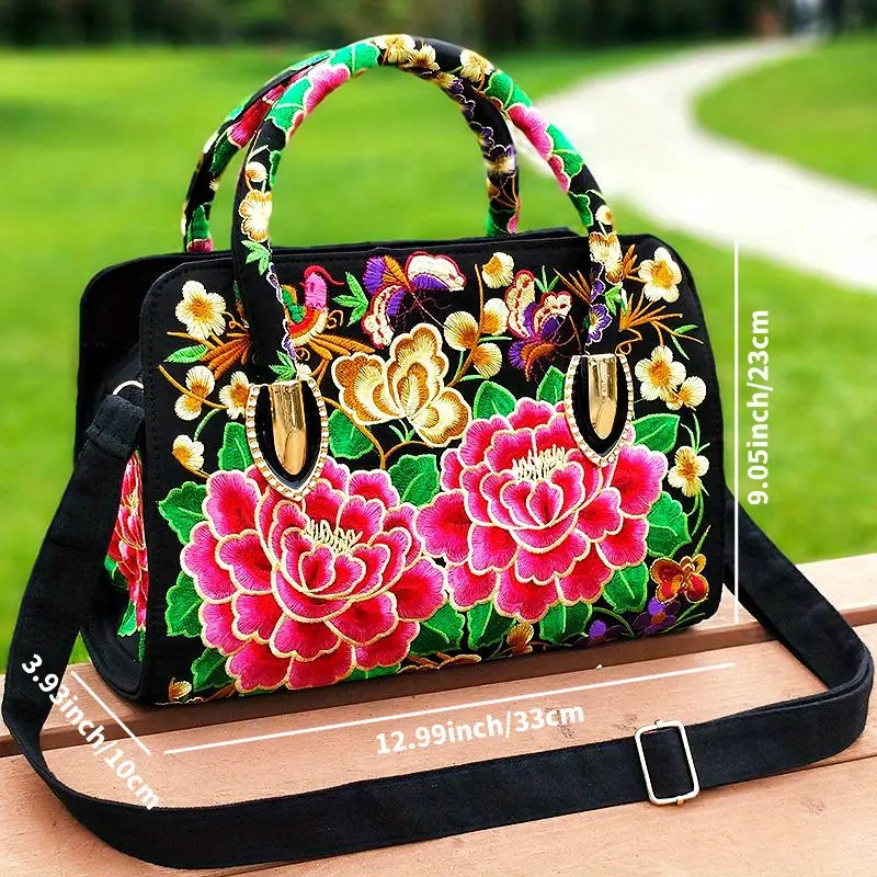 flower embroidered handbags ethnic style crossbody bag canvas satchel purse for women details 2