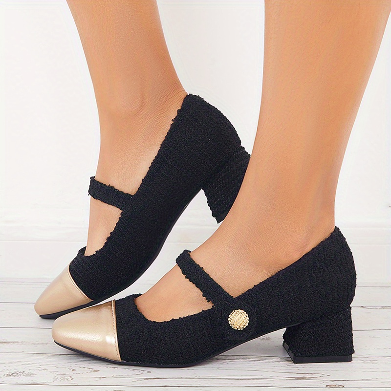 Womens Tweed Low Heel Mary Jane Versatile Colorblock Square Toe