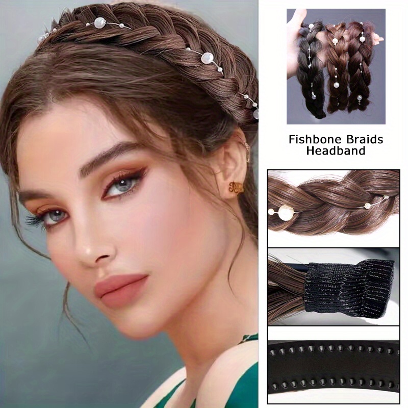 HEVIRGO Women Headband Fishbone Braid Wig Girls Bohemia Twist Braided Hair  Band Hair Accessories Gold Plastic,High Temperature Fib 