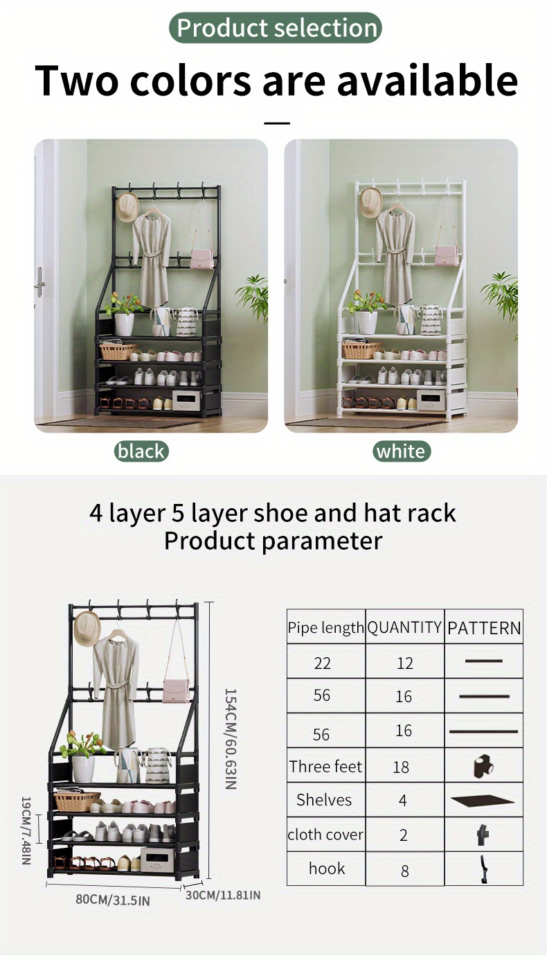 Klrbiqy Coat And Shoe Rack,4-Tier White With Hooks,Coats Racks With Shoes Racks,Entryway, Bedroom, Living Room, Hallway, Office, 31.5 In