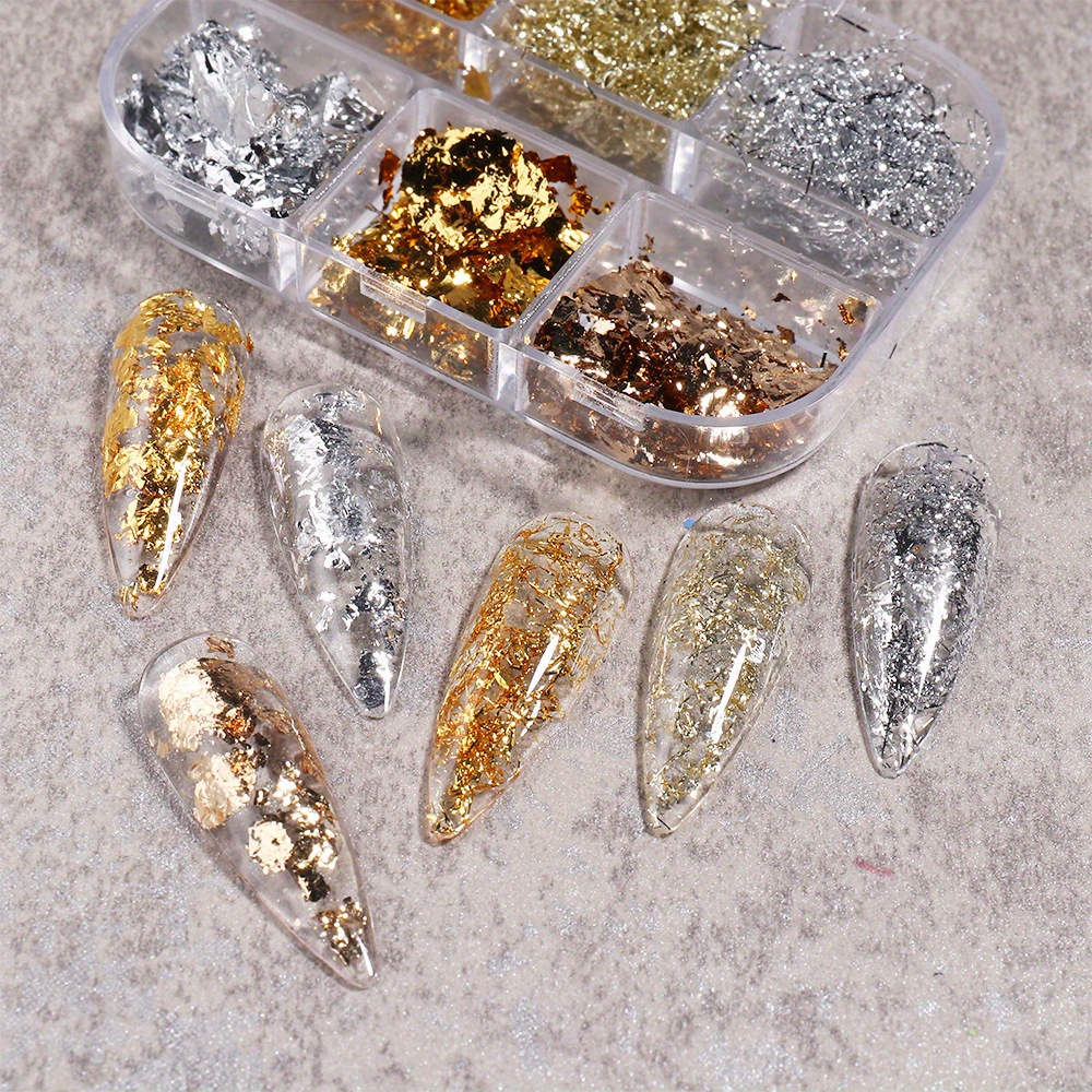 6 Grid Gold Silver Champagne Gold Nail Foil Crumbs Our nail glitter flakes  are made of tin foil, super soft, easy to tear and crush into crumbs,  sparkly, beautiful and chic, giving
