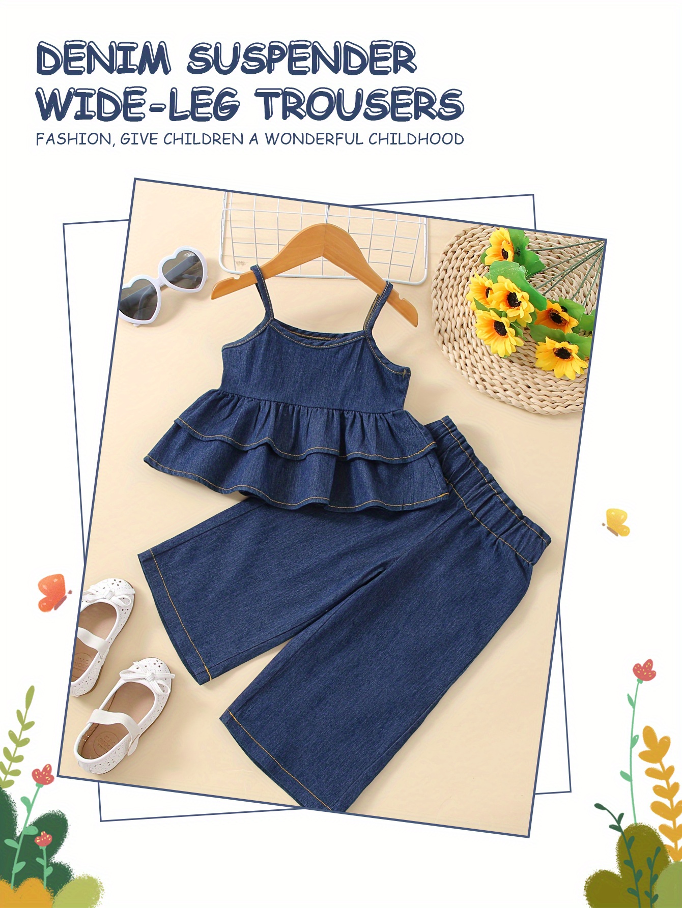 2pcs Girls Denim Ruffled Hem Cami Top & Elastic Waist Wide Leg Jeans Set Kids Summer Outdoor Clothes, Fluid Pant
