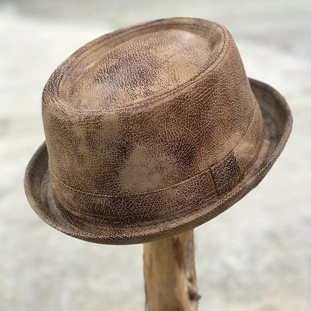 Men‘s Fedora Hat Gentleman Flat PU Leather Pork Pie Hat For Dad Bowler  Church Jazz Hat