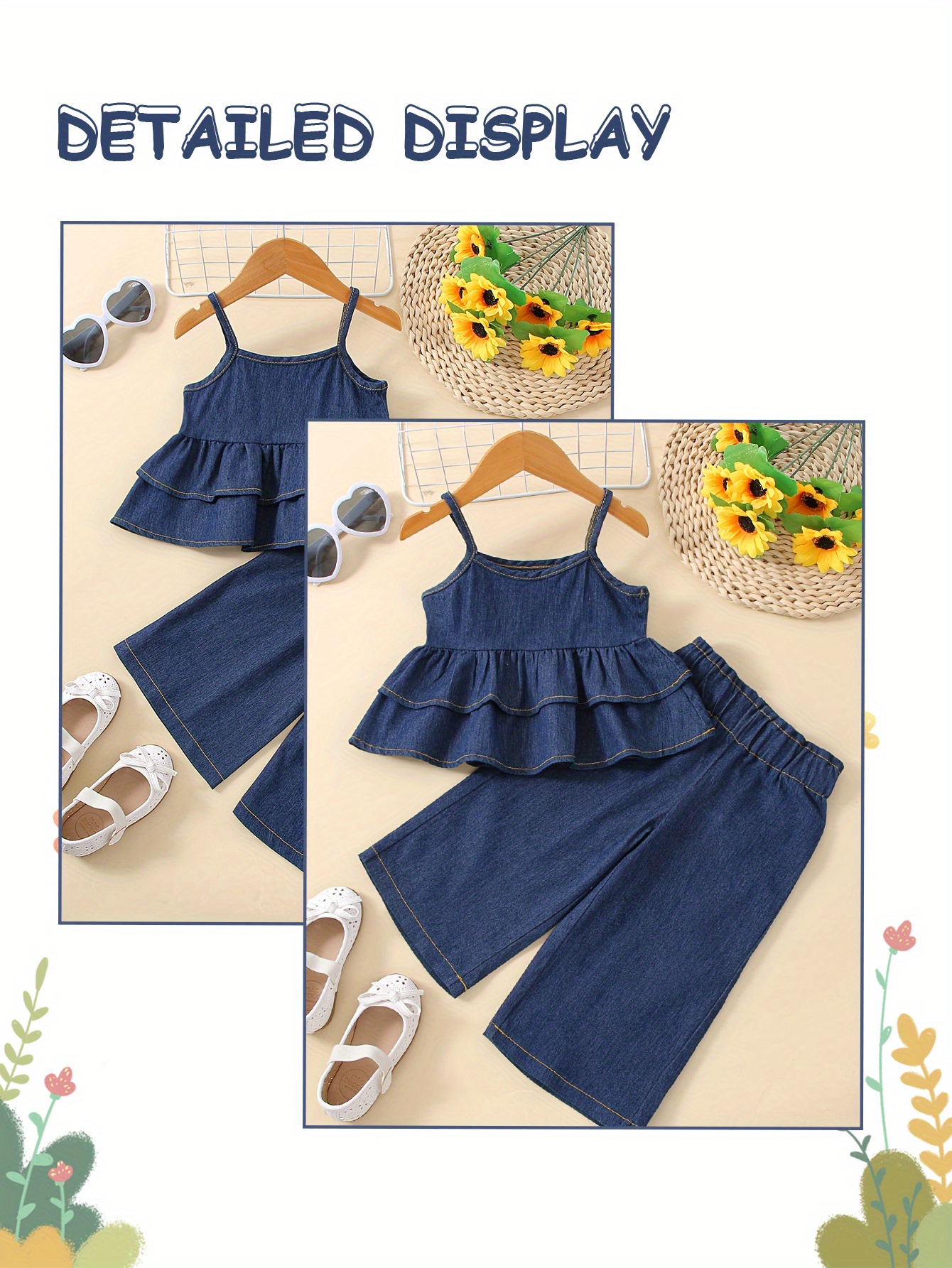 2pcs Girls Denim Ruffled Hem Cami Top & Elastic Waist Wide Leg Jeans Set Kids Summer Outdoor Clothes, Fluid Pant