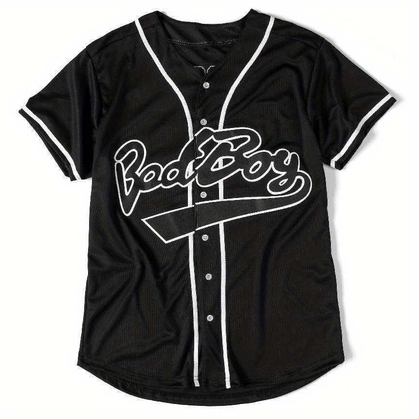 Bad Boy Embroidery Baseball Jersey, Mens Vintage Stripe V Neck Button Up Sports Jersey for Training Competition,Temu